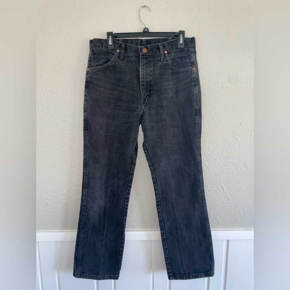 Wrangler High Rise Black Brown logo 90s Straight Cowboy Jeans Black 34 X 30